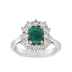 Pre Owned 18ct White Gold Emerald and Diamond Cluster Ring ZB879